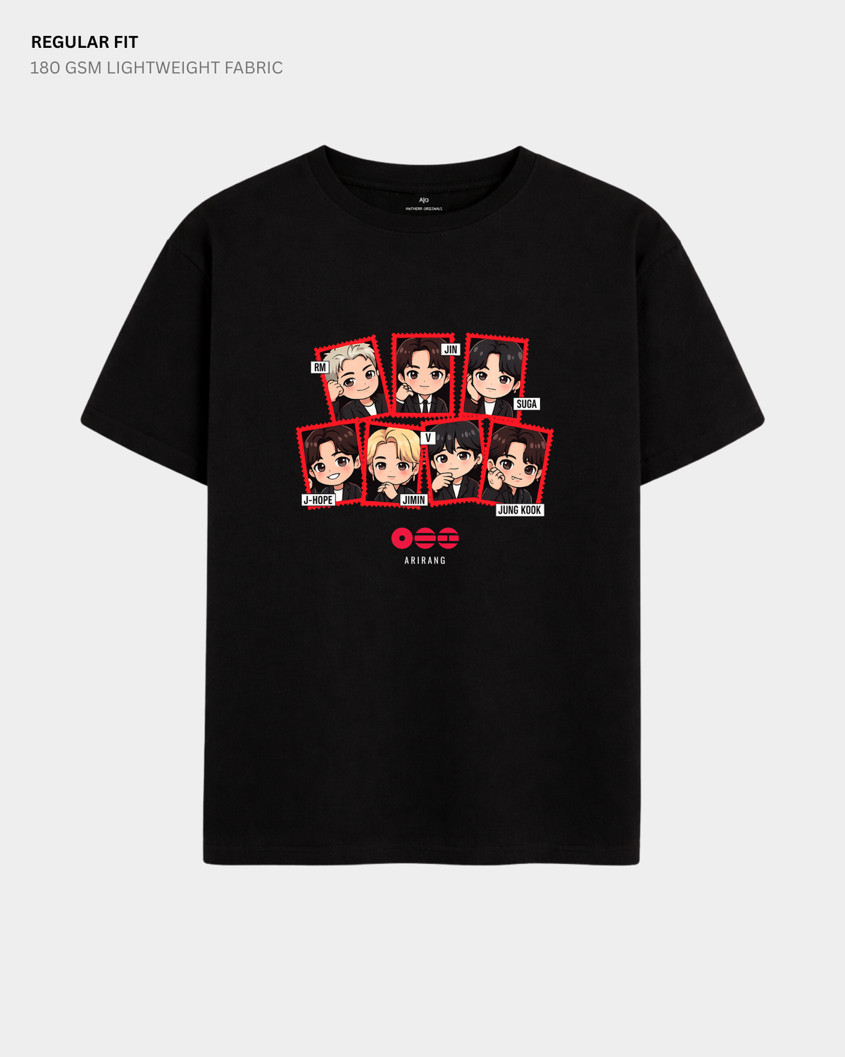Chibi Arirang BTS Member Regular Fit T-Shirt | Antherr Core Black Cotton 180 GSM