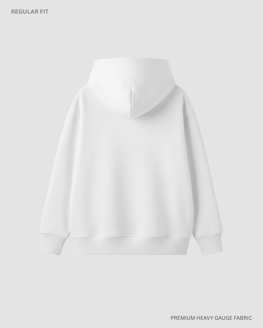 A plain white pullover hoodie shown from the back on a light gray studio background, with small text reading 'REGULAR FIT' at top left and 'PREMIUM HEAVY GAUGE FABRIC' at bottom right.