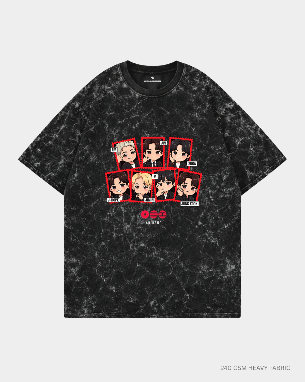Chibi Arirang BTS Member Unisex Oversized T-Shirt | Antherr Core Acid Wash Black Cotton 240 GSM