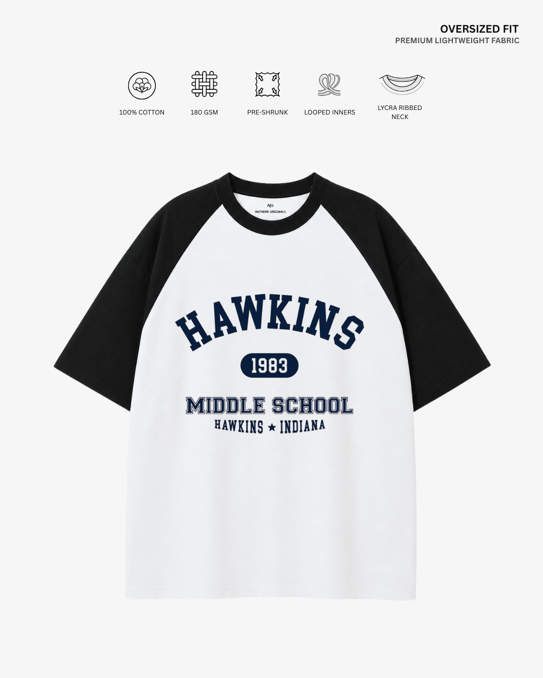 Hawkins Middle School Unisex Oversized T-Shirt Black-White Cotton 180 GSM