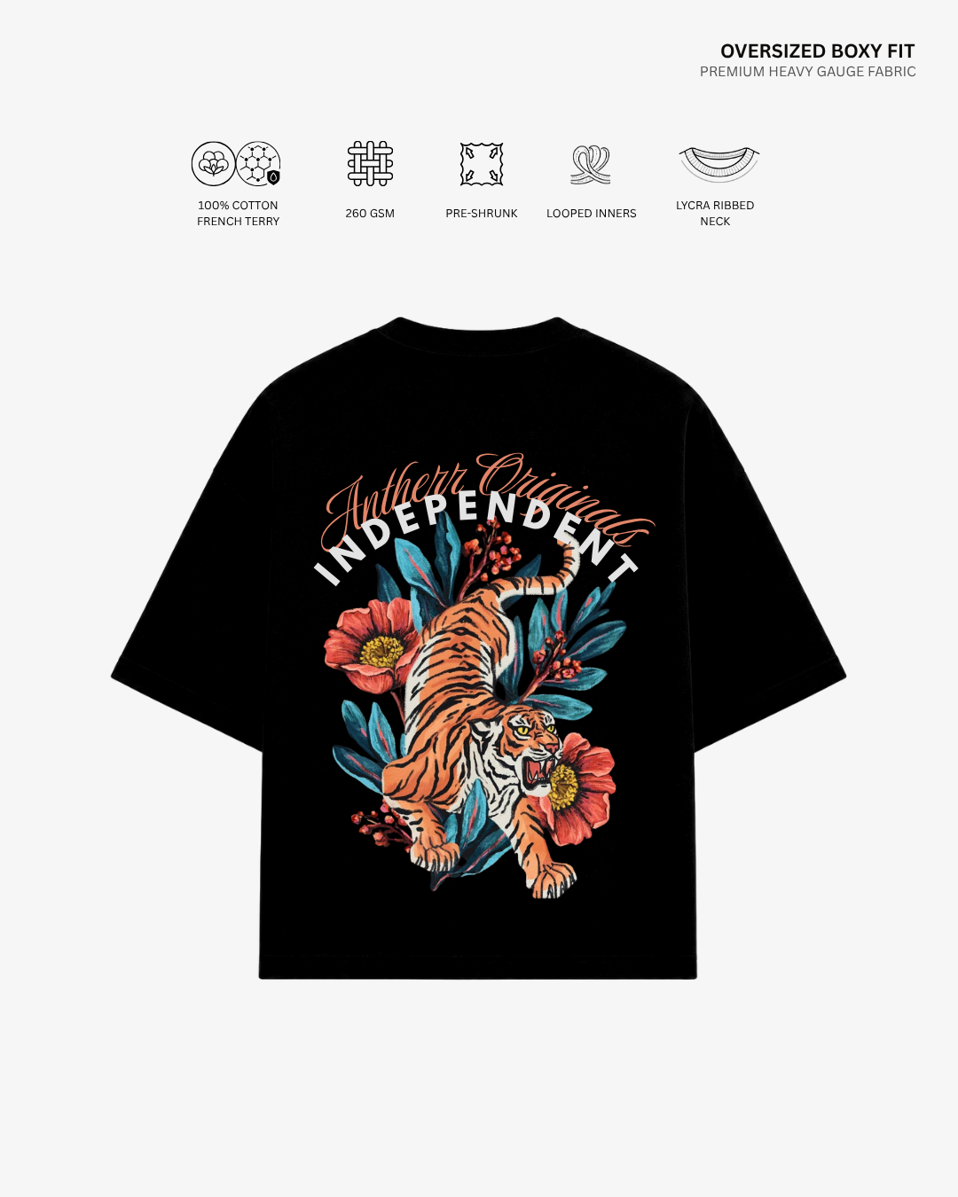 Independent Tiger Graphic Unisex Oversized T-Shirt | Antherr Originals BLACK Cotton French Terry 260 GSM