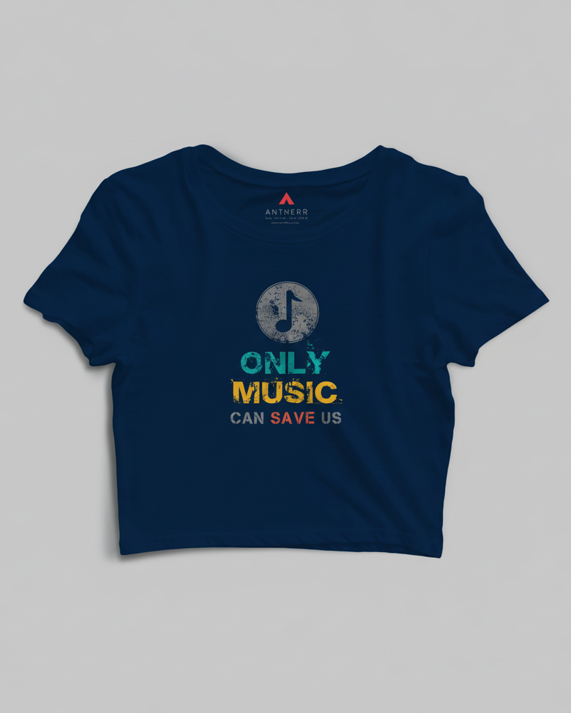 "ONLY MUSIC CAN SAVE US" - HALF-SLEEVE CROP TOP NAVY BLUE