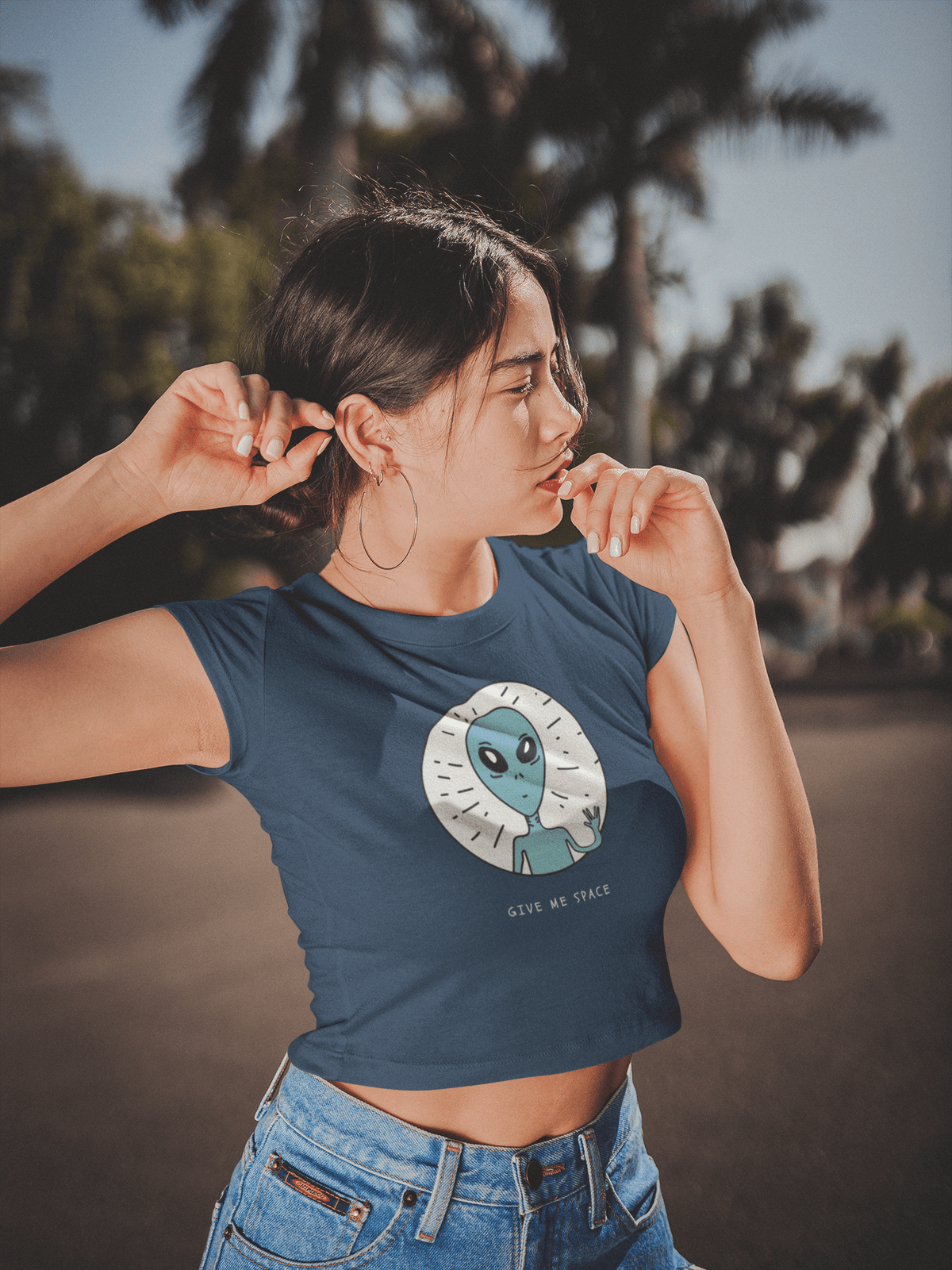 " GIVE ME SPACE " - HALF-SLEEVE CROP TOPS NAVY BLUE