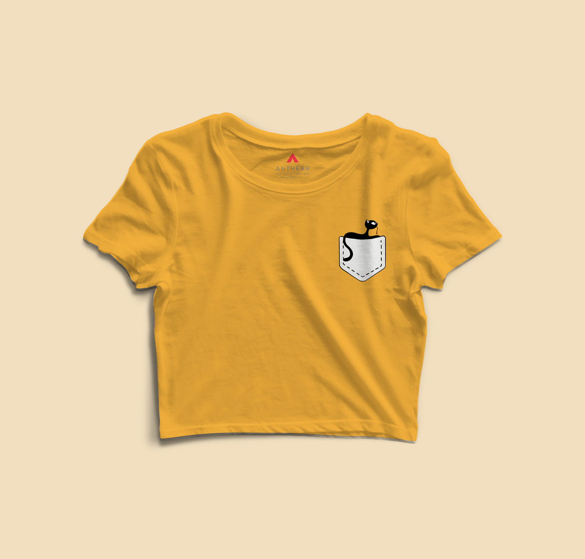 " CUTE CAT " - HALF SLEEVE POCKET DESIGN CROP TOPS YELLOW