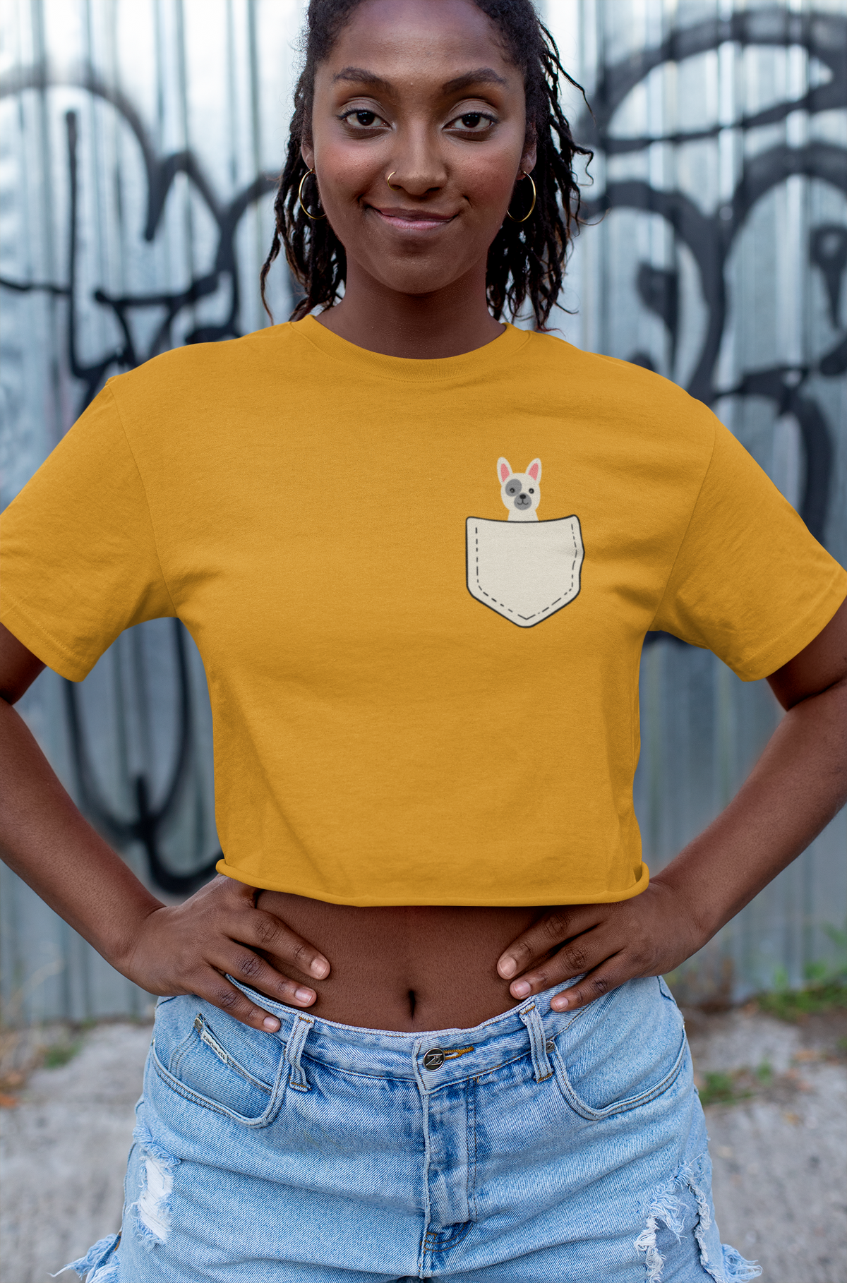 " CUTE BULLY " - HALF SLEEVE POCKET DESIGN CROP TOPS YELLOW