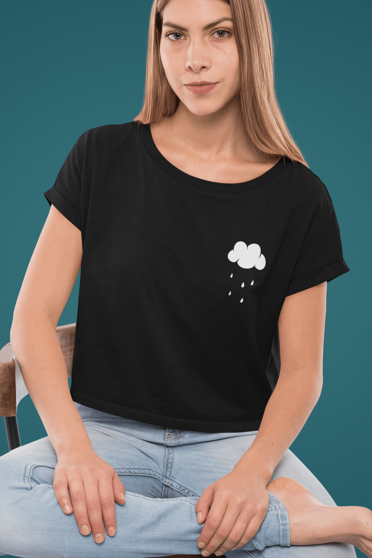 " CLOUDS AND RAINS " Half-sleeve Pocket Design Crop Top's BLACK