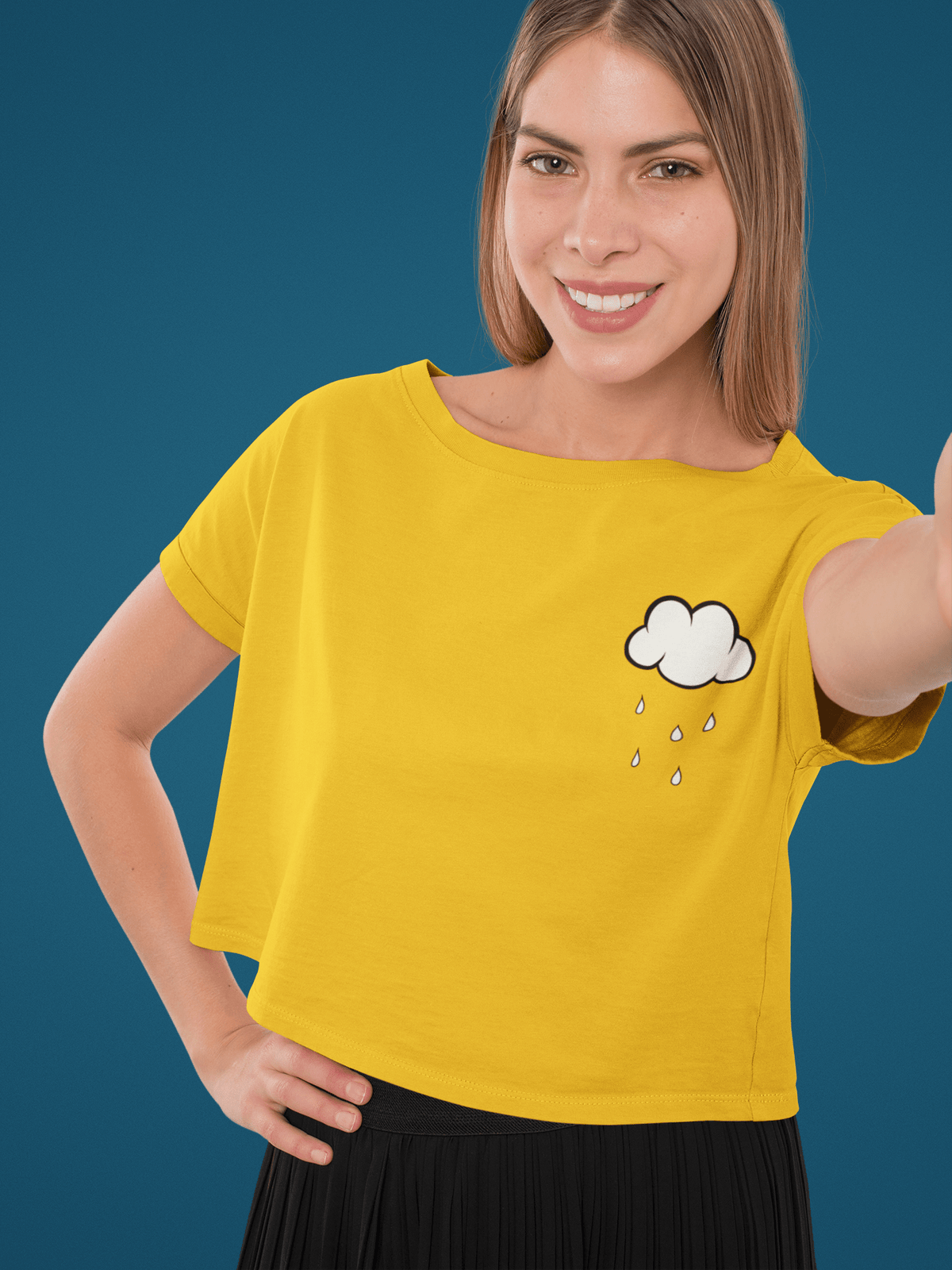 " CLOUDS AND RAINS " Half-sleeve Pocket Design Crop Top's YELLOW