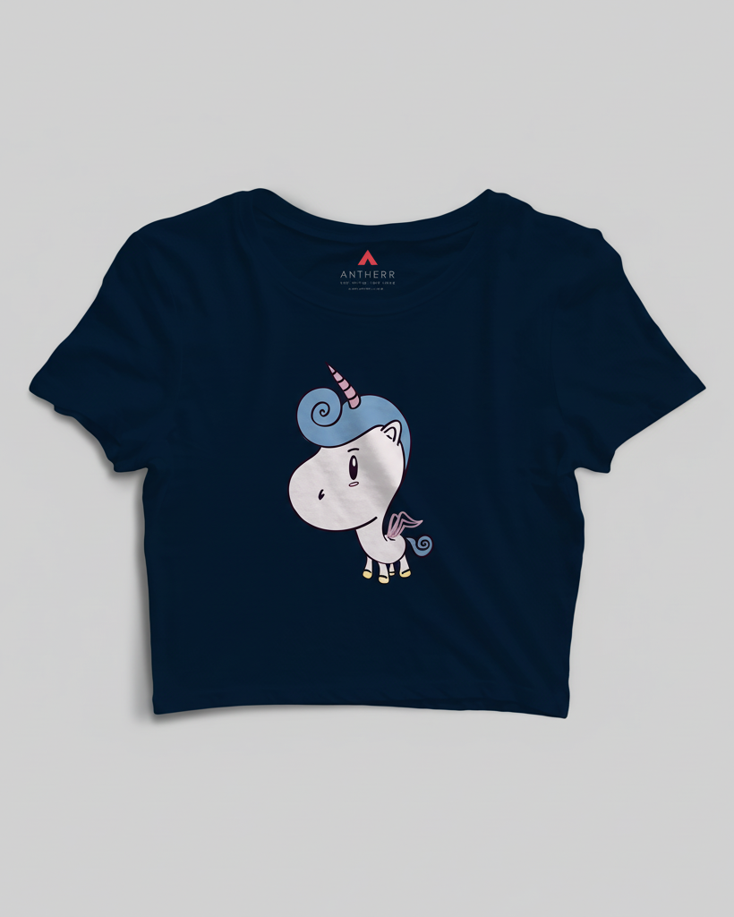 "CUTE UNICORN" - HALF SLEEVE CROP TOPS NAVY BLUE