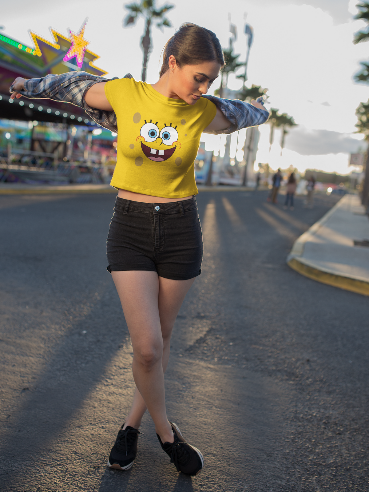 Spongebob Face - HALF-SLEEVE CROP TOPS YELLOW