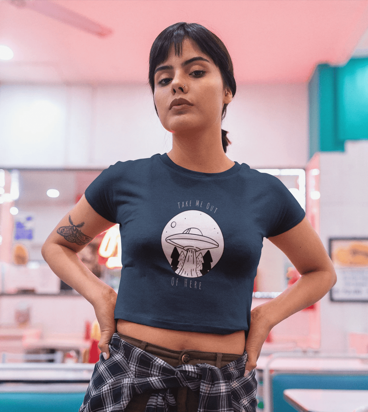 " TAKE ME OUT OF HERE " - HALF-SLEEVE CROP TOPS NAVY BLUE