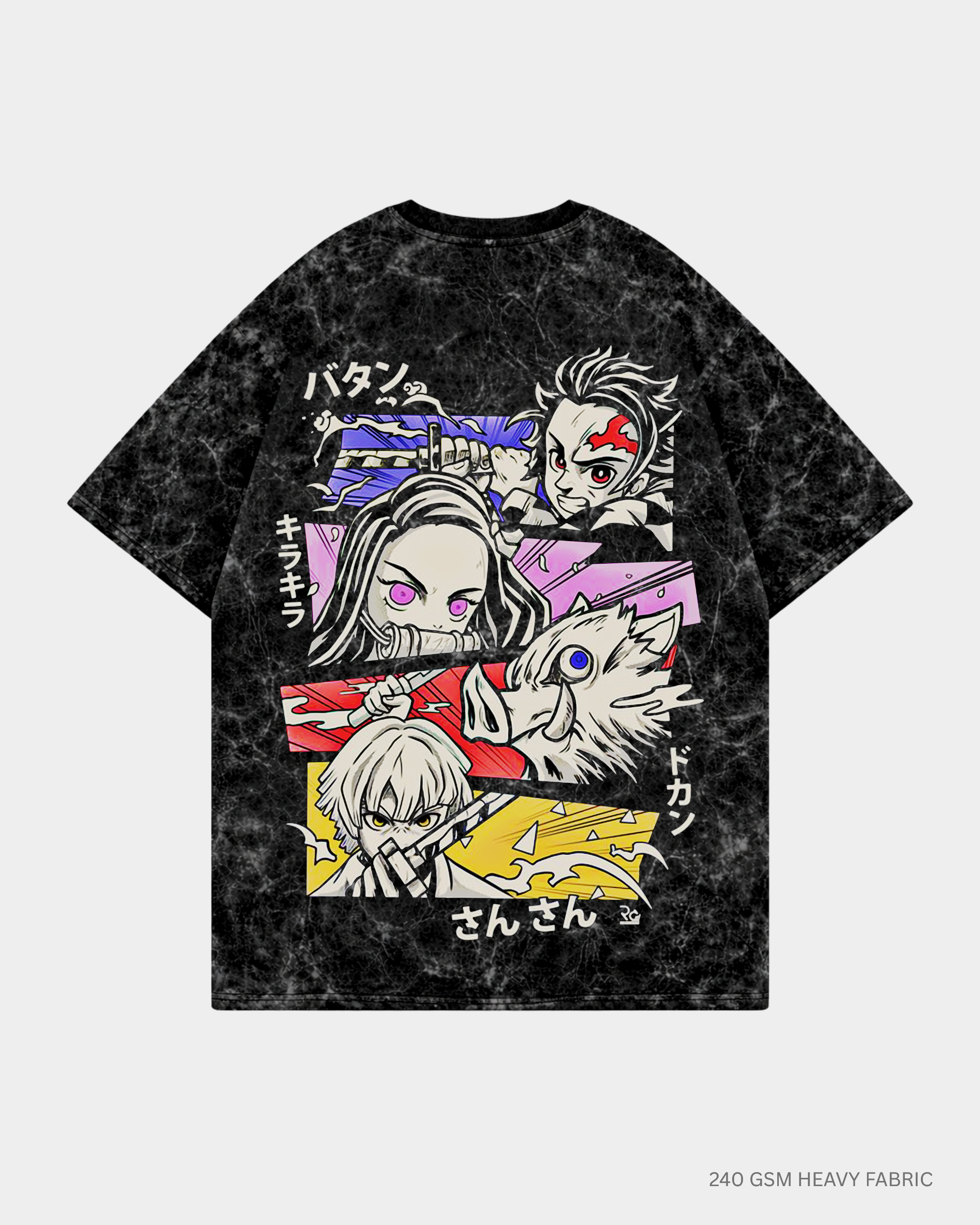 Kimetsu no Yaiba: Anime Unisex Oversized T-Shirts Acid Wash Black Cotton 240 GSM