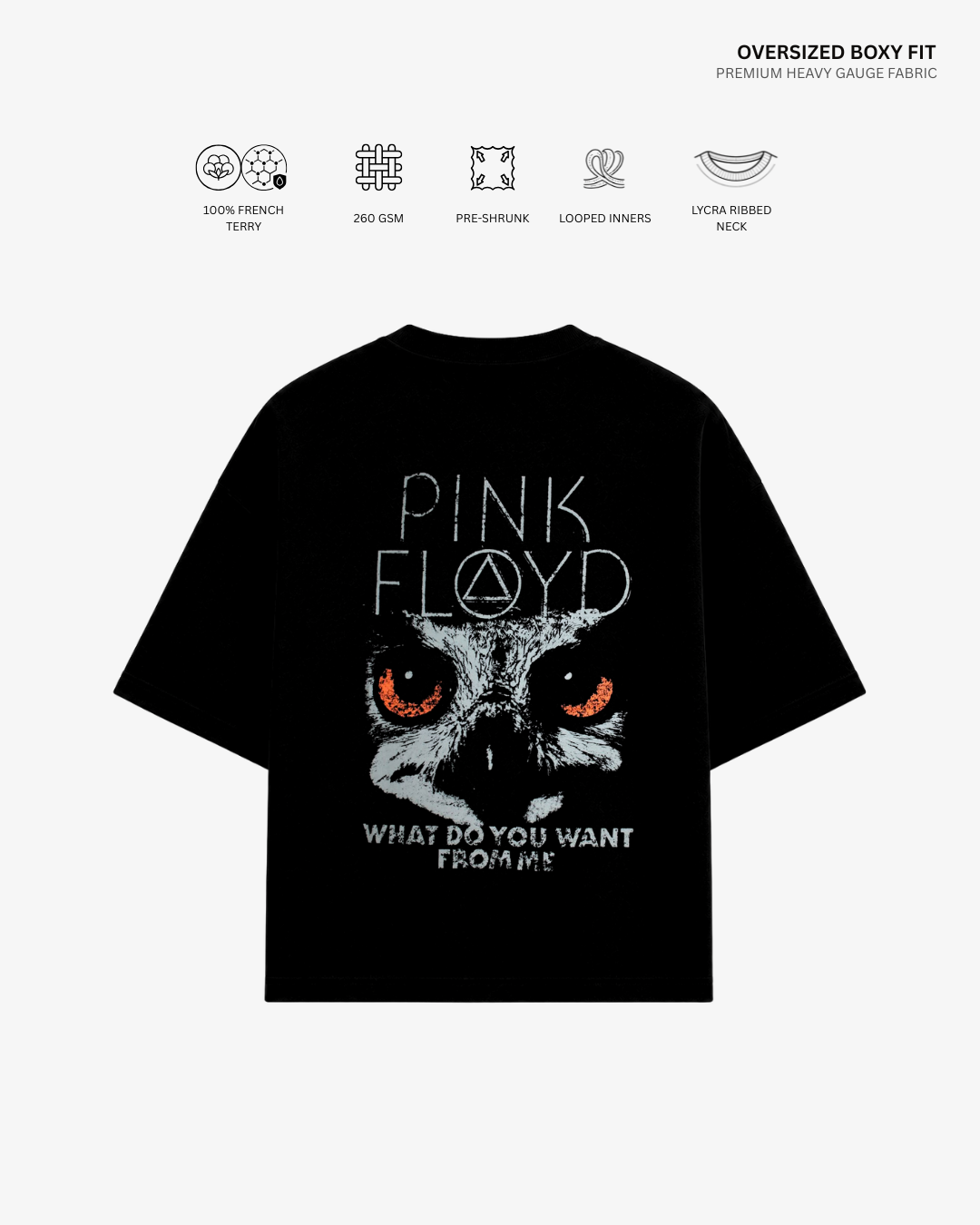 Pink Floyd Owl French Terry Oversized T-Shirt | Antherr Core Black Cotton French Terry 260 GSM