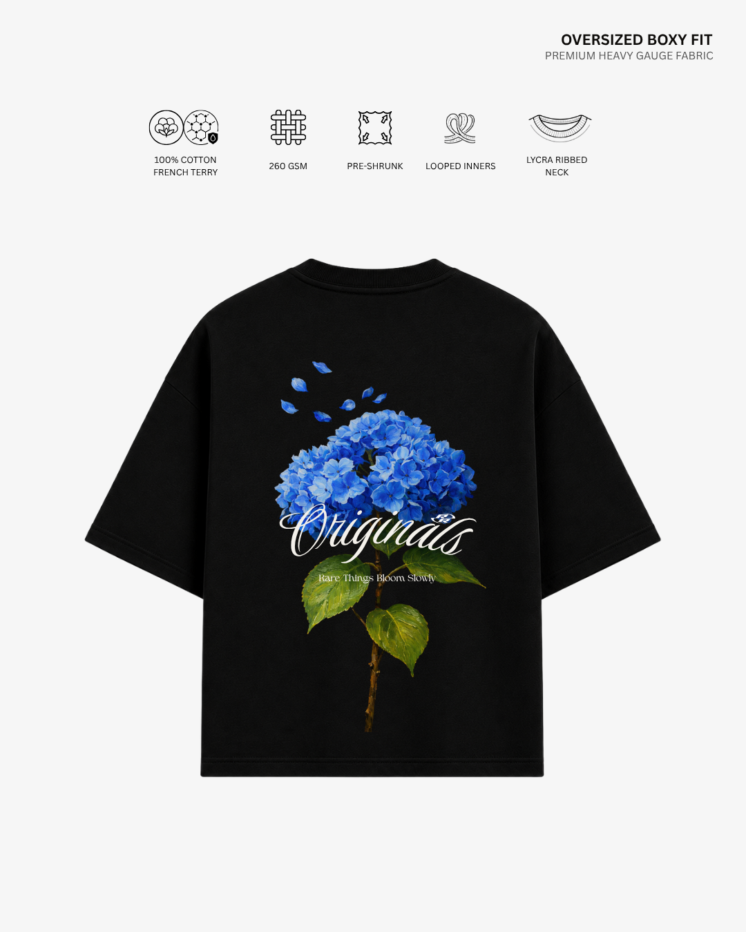 Rare Things Bloom Slowly French Terry Oversized T-Shirt | Antherr Originals BLACK Cotton French Terry 260 GSM