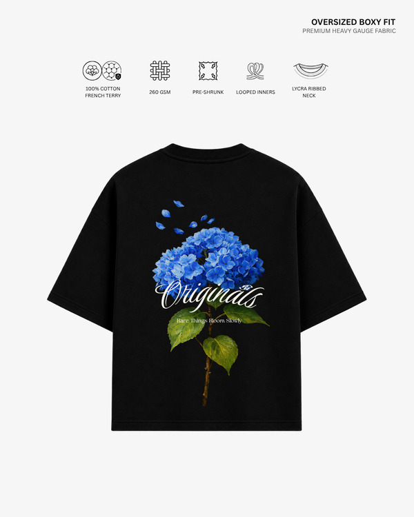 Rare Things Bloom Slowly French Terry Oversized T-Shirt | Antherr Originals BLACK Cotton French Terry 260 GSM