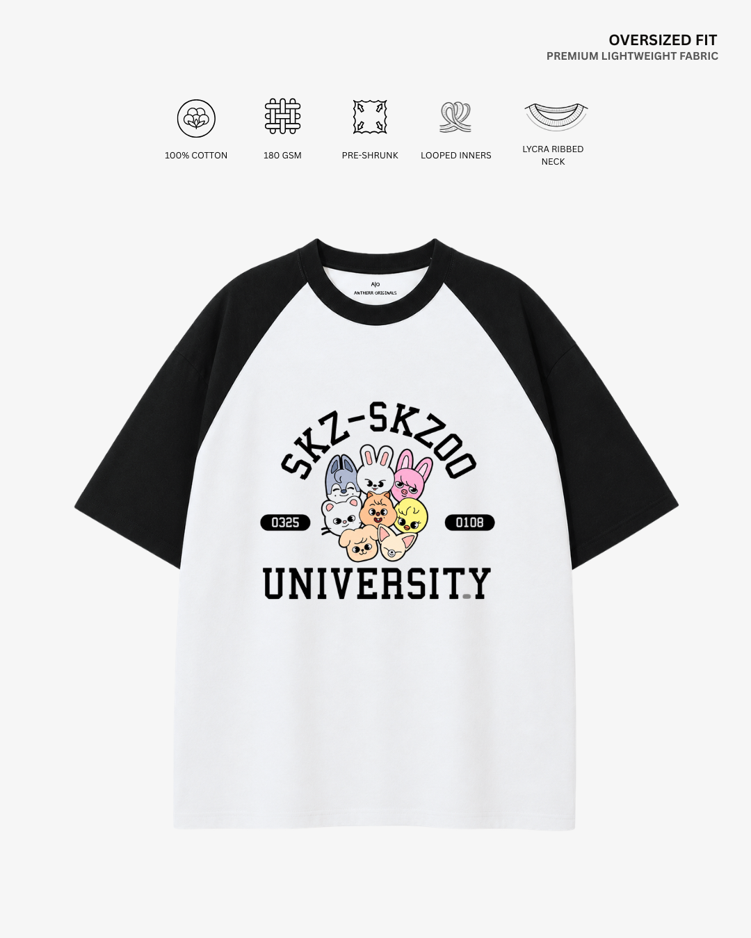 SKZ University Unisex Ranglan Oversized T-Shirt | Antherr Core Black-White Cotton 180 GSM