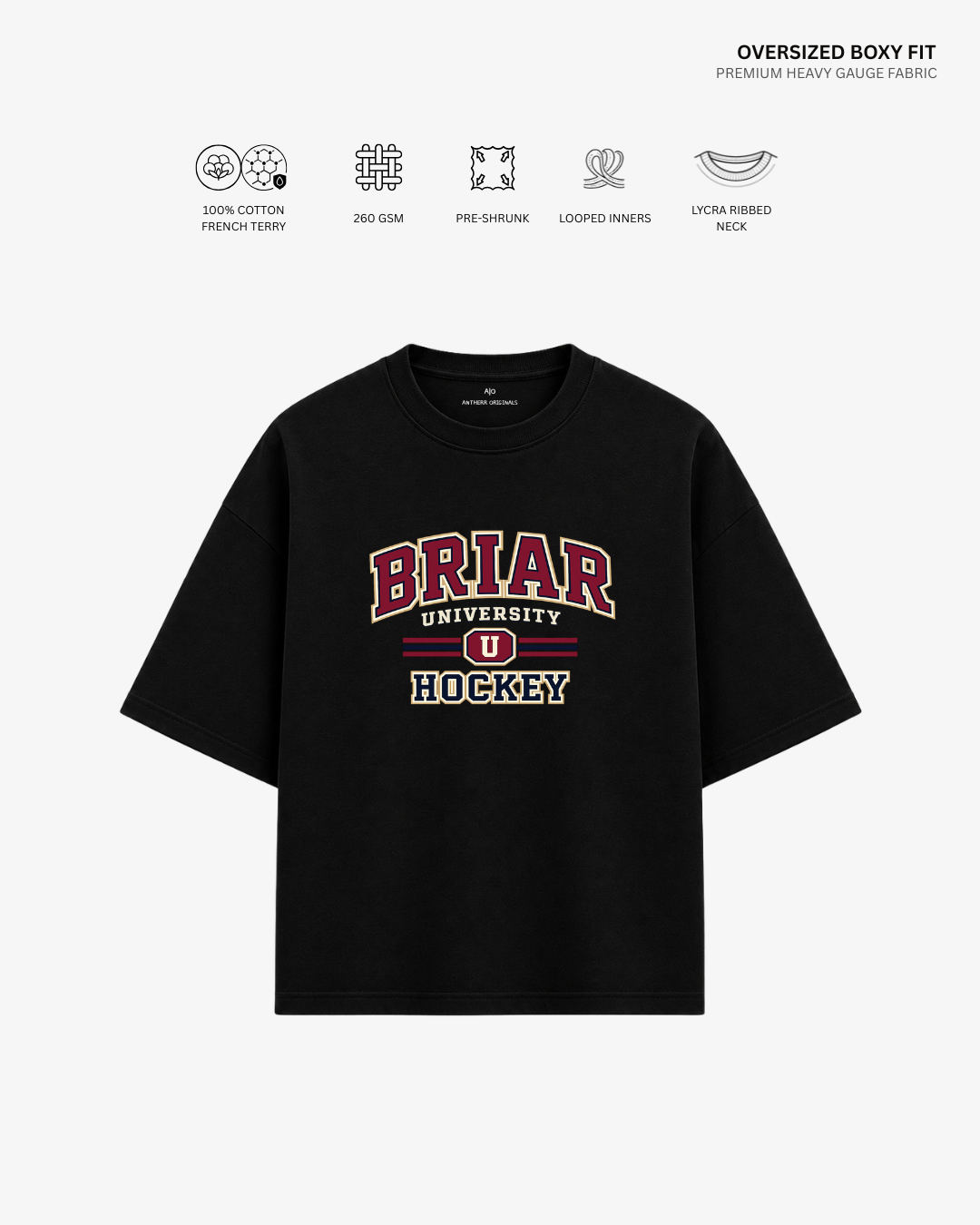 Briar U Hockey French Terry Oversized T-Shirt | Antherr Core BLACK Cotton French Terry 260 GSM