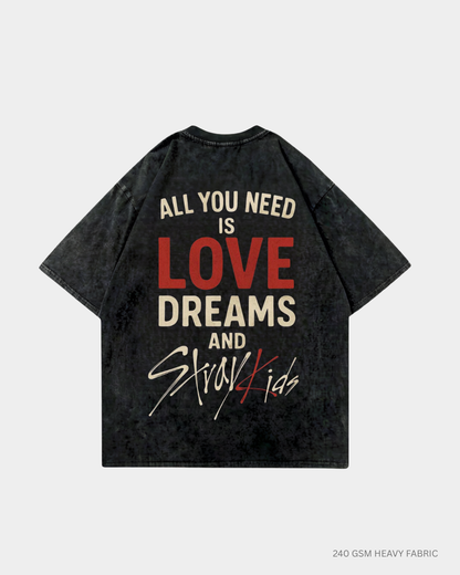 All You Need Straykids Oversized T-Shirt India | Antherr Core Black Acid Wash Cotton 240 GSM
