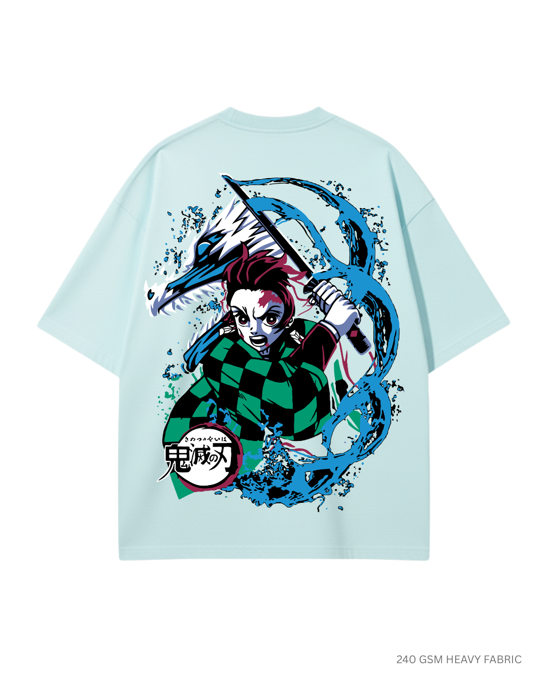 Tanjiro Kamado Water Breathing: Anime Unisex Oversized T-Shirts Mint Blue Cotton 240 GSM