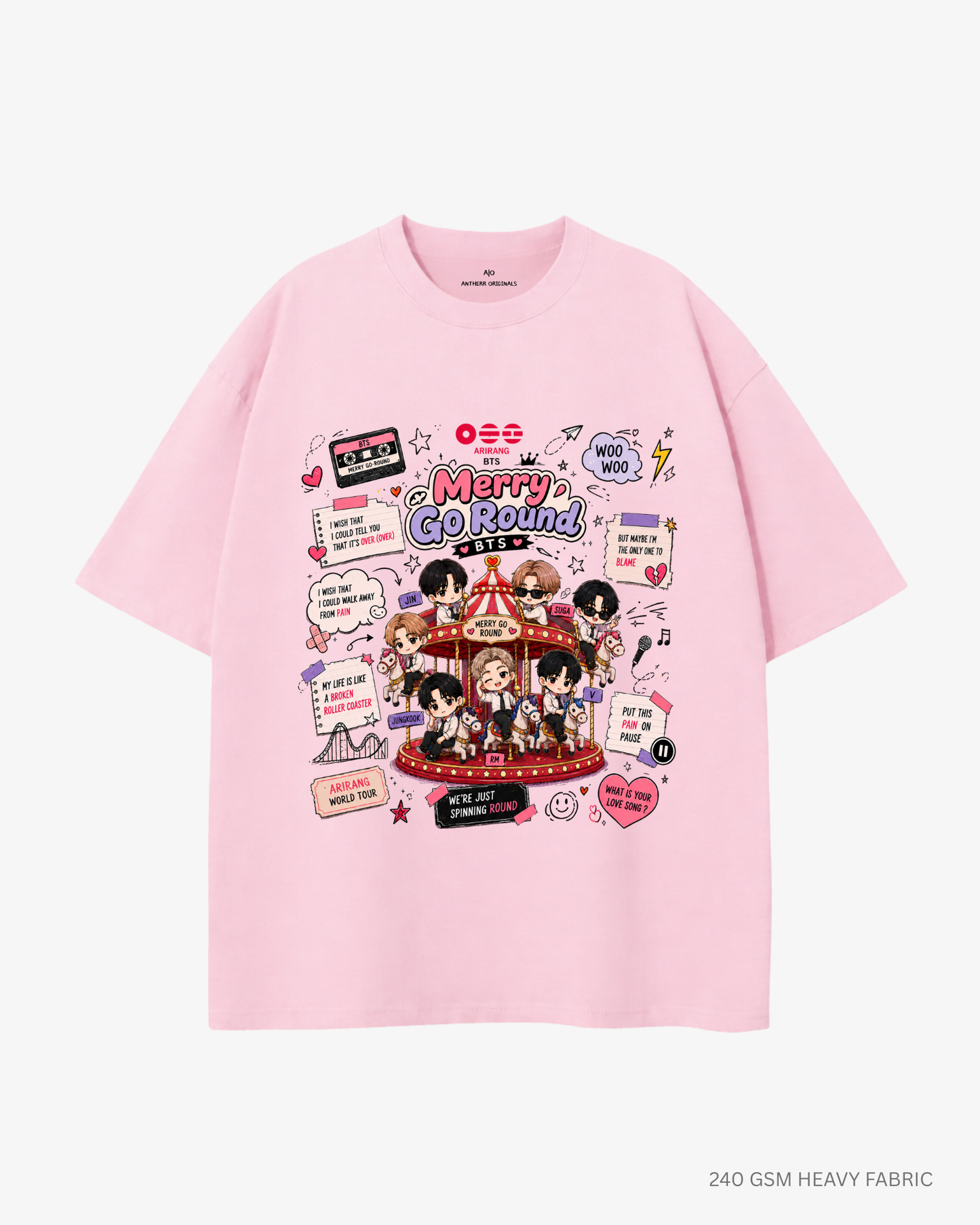 Merry Go Round BTS Arirang Unisex Oversized T-Shirt | Antherr Core Baby Pink Cotton 240 GSM