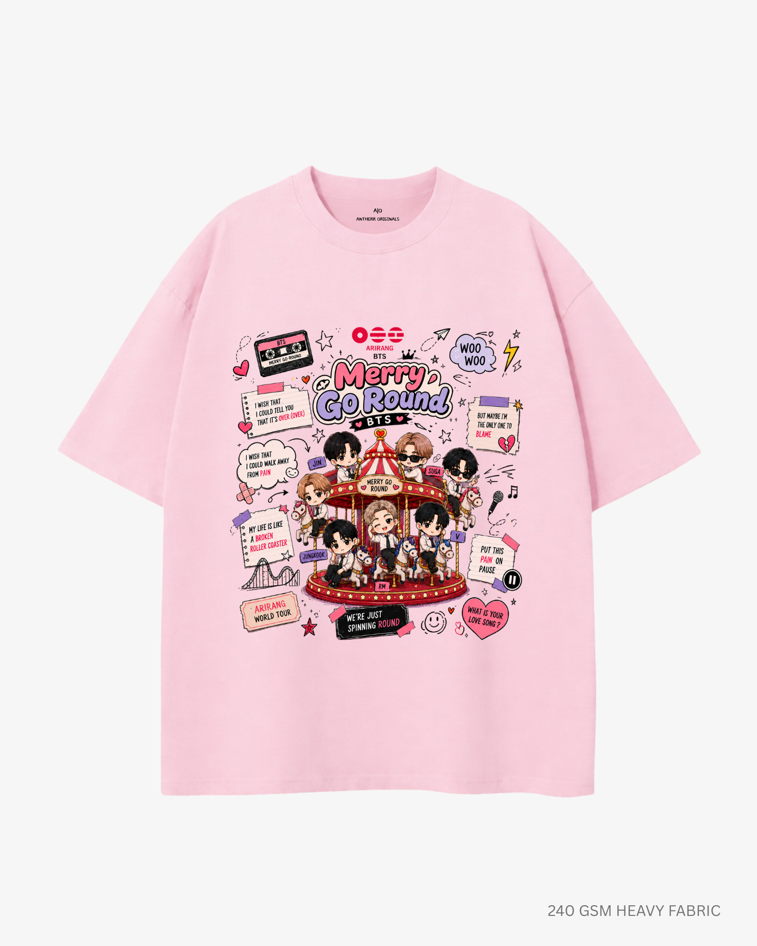 Merry Go Round BTS Arirang Unisex Oversized T-Shirt | Antherr Core Baby Pink Cotton 240 GSM