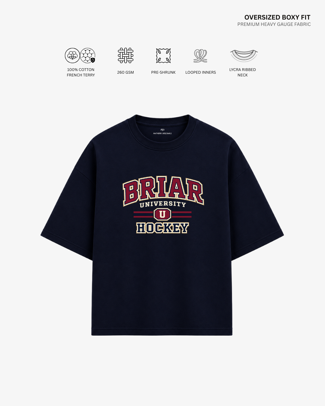Briar U Hockey French Terry Oversized T-Shirt | Antherr Core NAVY BLUE Cotton French Terry 260 GSM