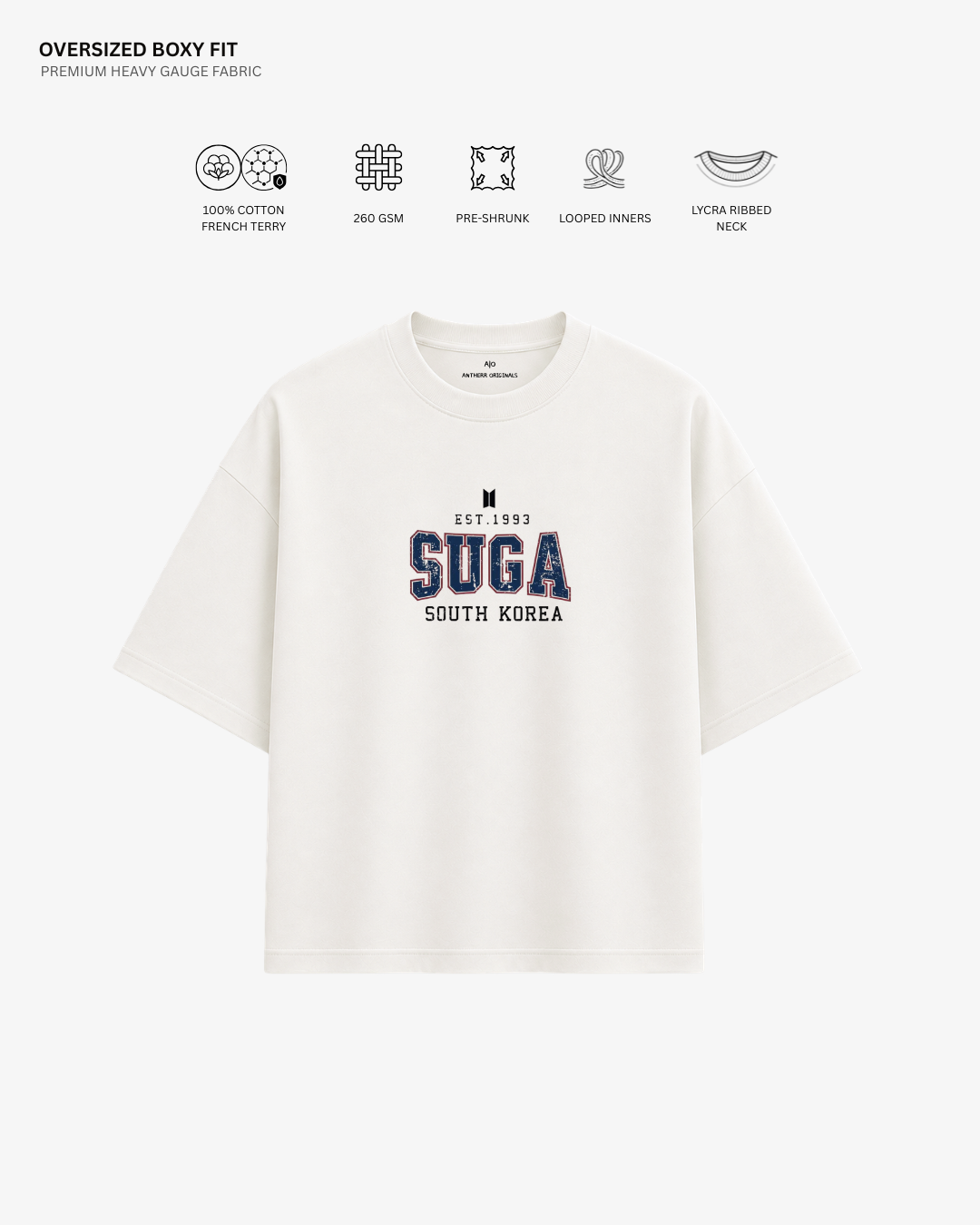 BTS Varsity Edition French Terry Oversized T-Shirt | Antherr Core Suga (Off-White) Cotton French Terry 260 GSM