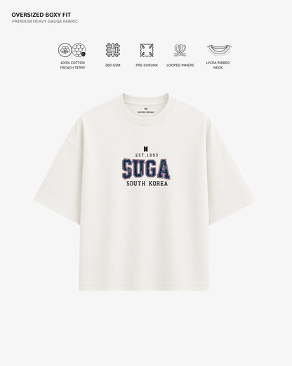 BTS Varsity Edition French Terry Oversized T-Shirt | Antherr Core Suga (Off-White) Cotton French Terry 260 GSM