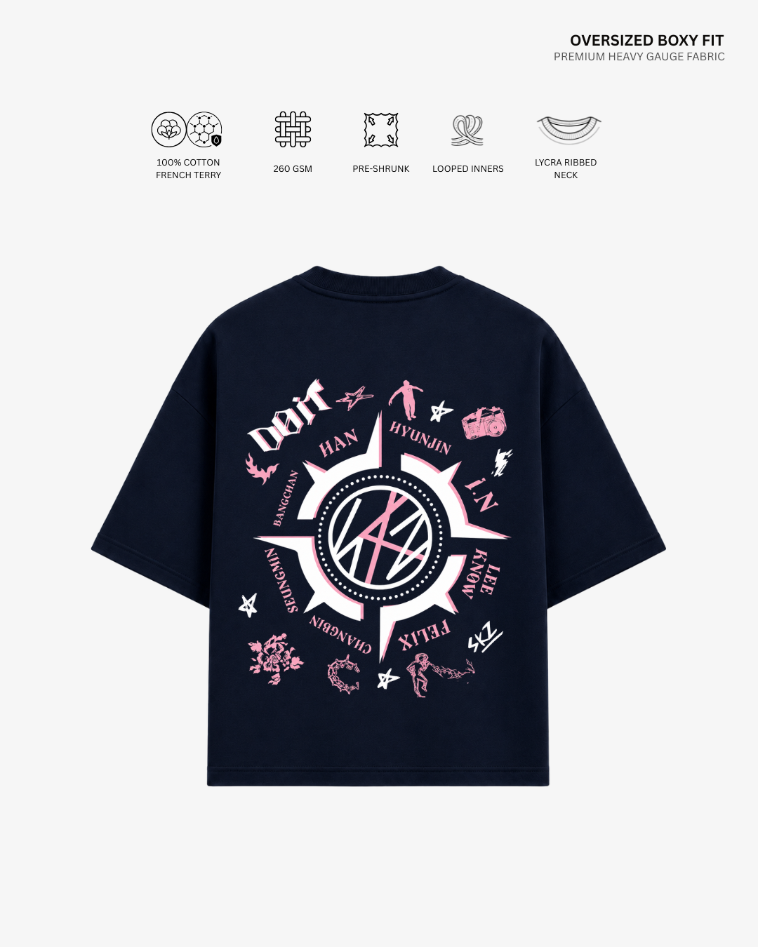 Stray Kids Do It French Terry Oversized T-Shirt | Antherr Core Navy Blue Cotton French Terry 260 GSM