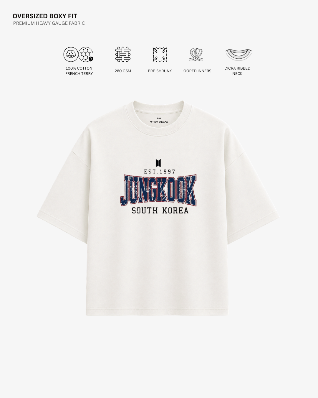 BTS Varsity Edition French Terry Oversized T-Shirt | Antherr Core Jungkook (Off-White) Cotton French Terry 260 GSM