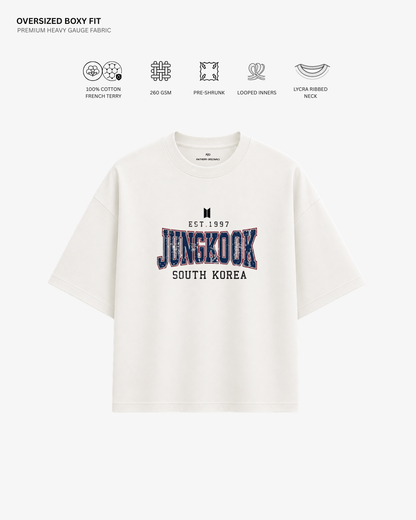 BTS Varsity Edition French Terry Oversized T-Shirt | Antherr Core Jungkook (Off-White) Cotton French Terry 260 GSM
