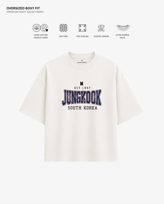 BTS Varsity Edition French Terry Oversized T-Shirt | Antherr Core Jungkook (Off-White) Cotton French Terry 260 GSM