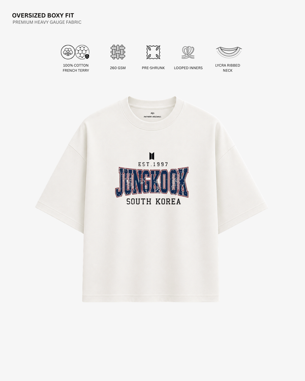 BTS Varsity Edition French Terry Oversized T-Shirt | Antherr Core Jungkook (Off-White) Cotton French Terry 260 GSM