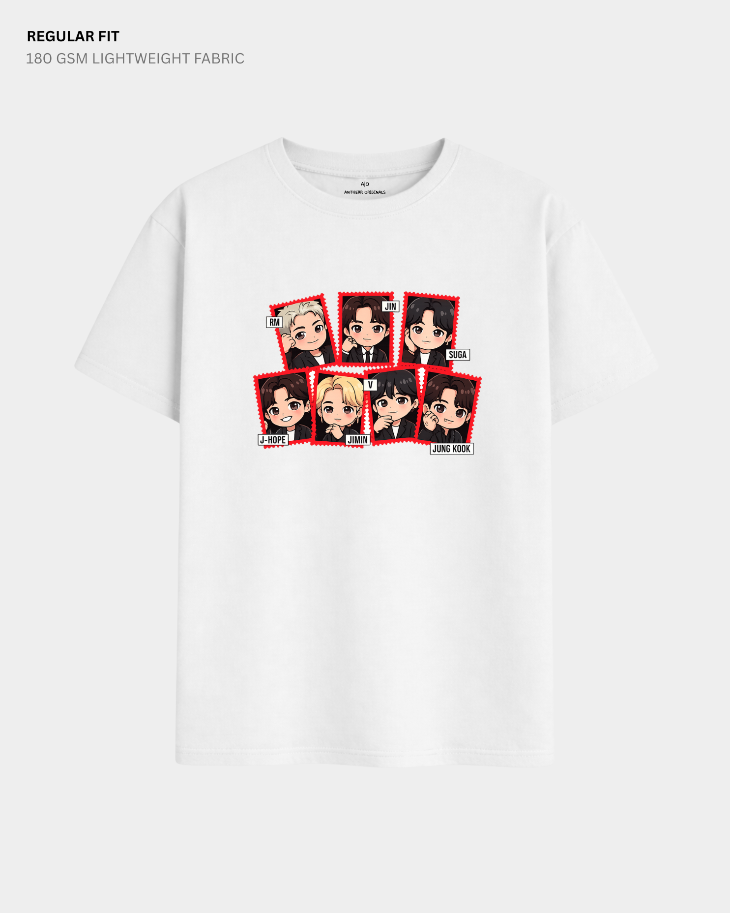 Chibi Arirang BTS Member Regular Fit T-Shirt | Antherr Core White Cotton 180 GSM