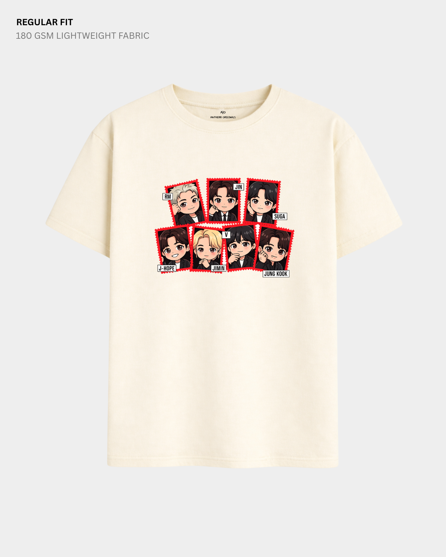 Chibi Arirang BTS Member Regular Fit T-Shirt | Antherr Core Off White Cotton 180 GSM