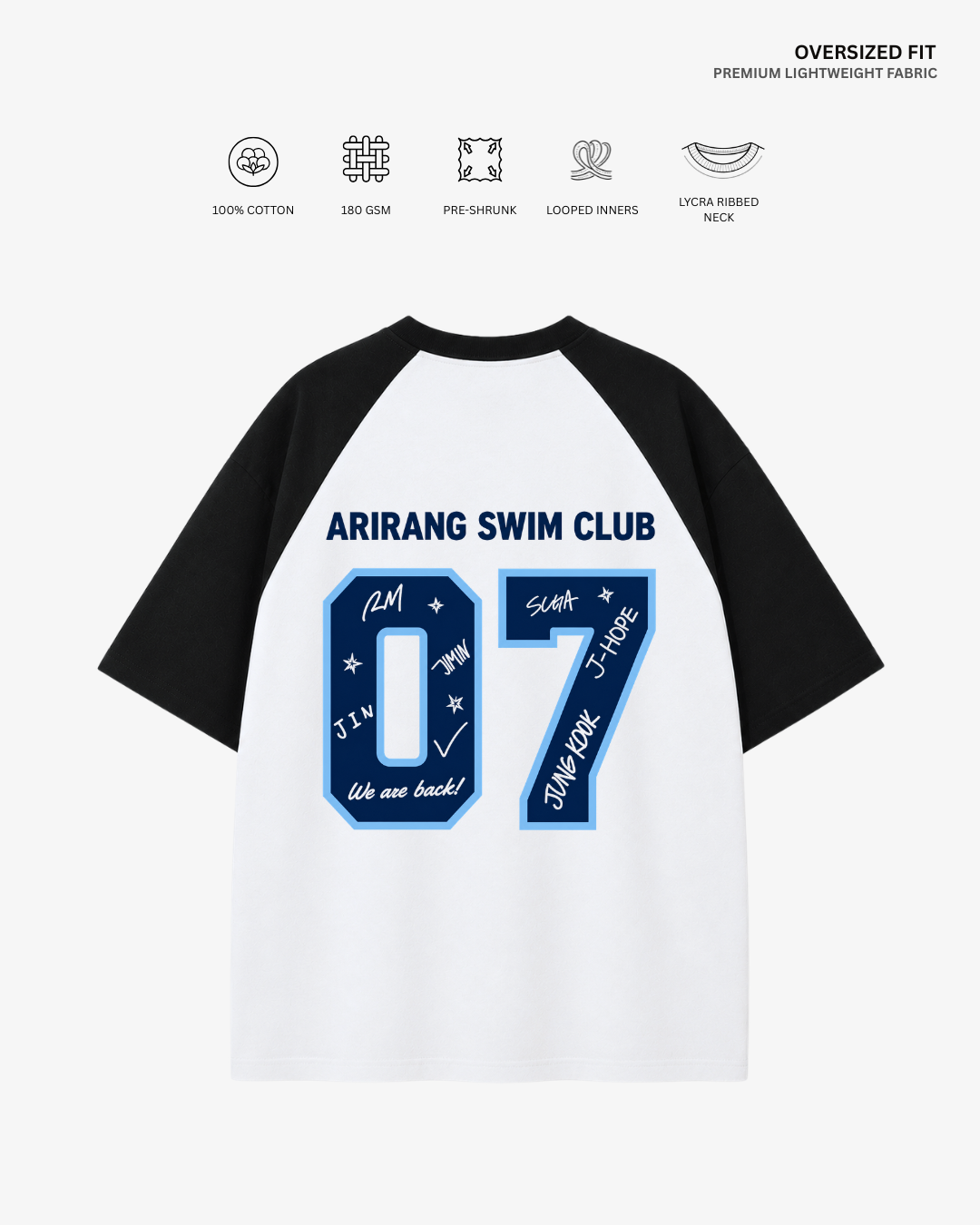 Arirang Swim Club Unisex Ranglan Oversized T-Shirt | Antherr Core Black-White Cotton 240 GSM