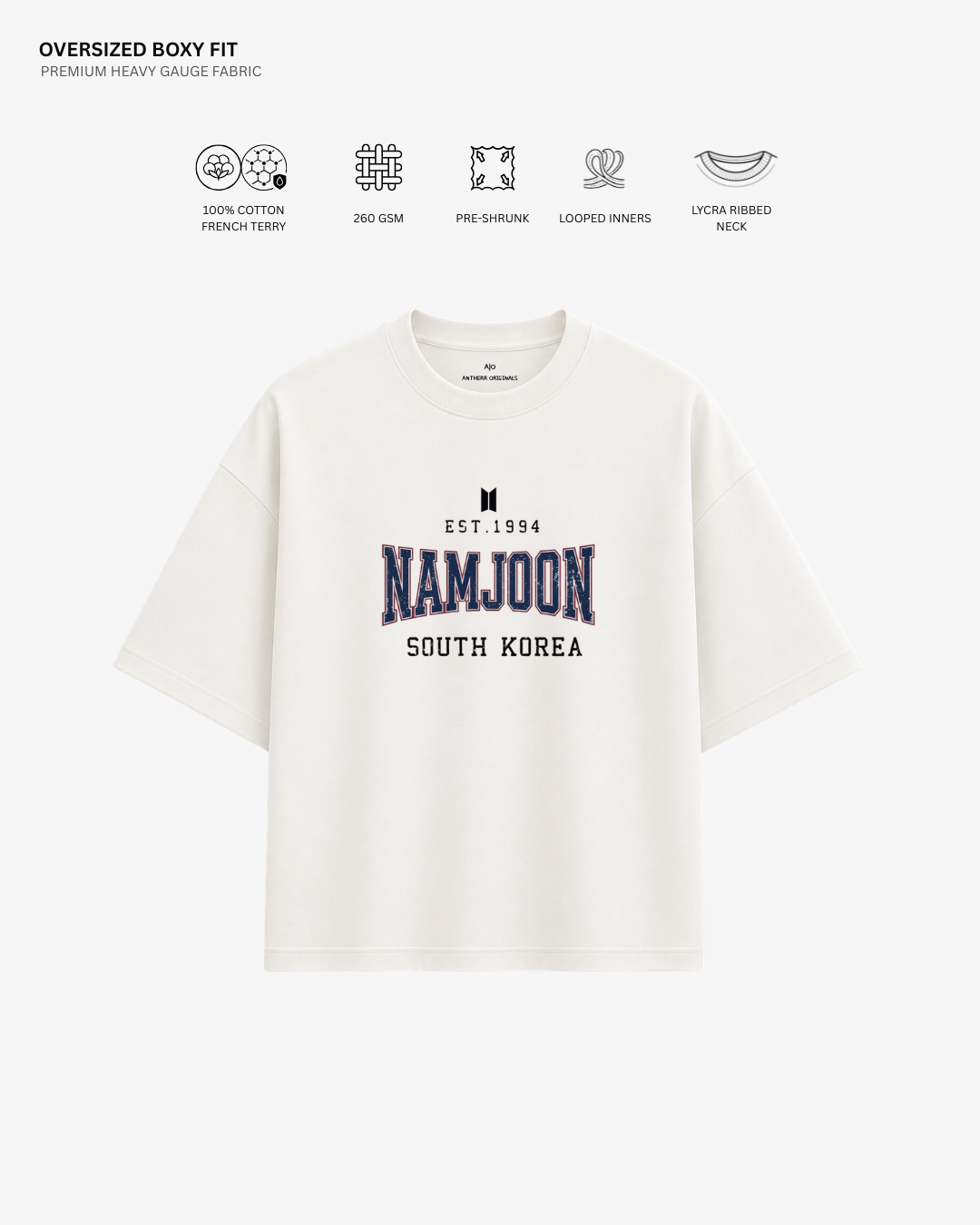 BTS Varsity Edition French Terry Oversized T-Shirt | Antherr Core Namjoon (Off-White) Cotton French Terry 260 GSM