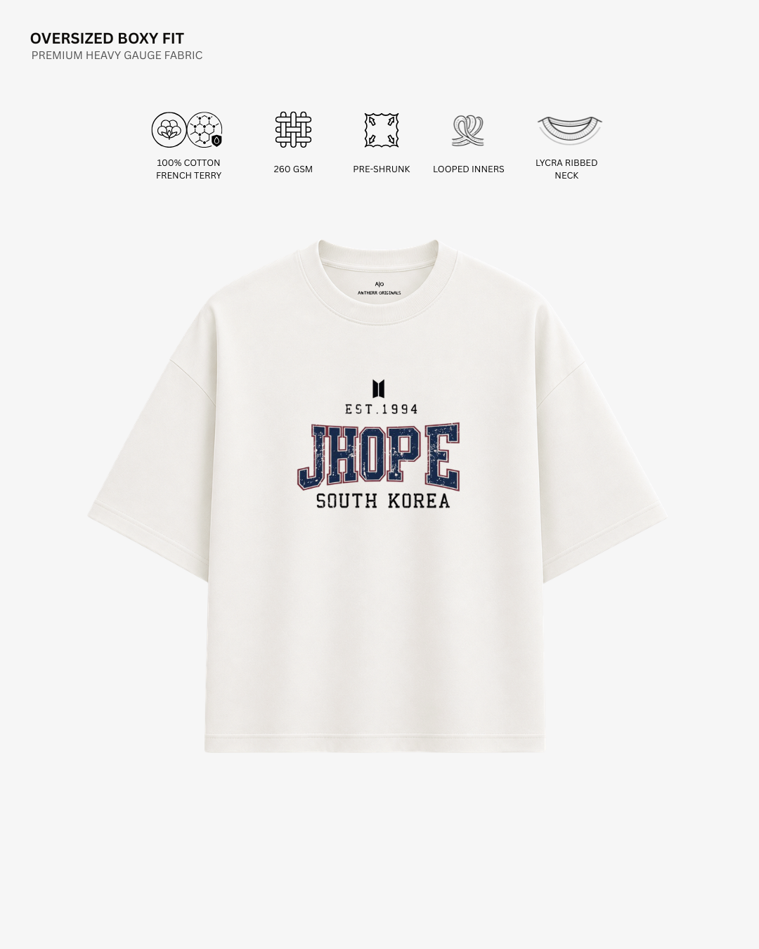 BTS Varsity Edition French Terry Oversized T-Shirt | Antherr Core JHope (Off-White) Cotton French Terry 260 GSM