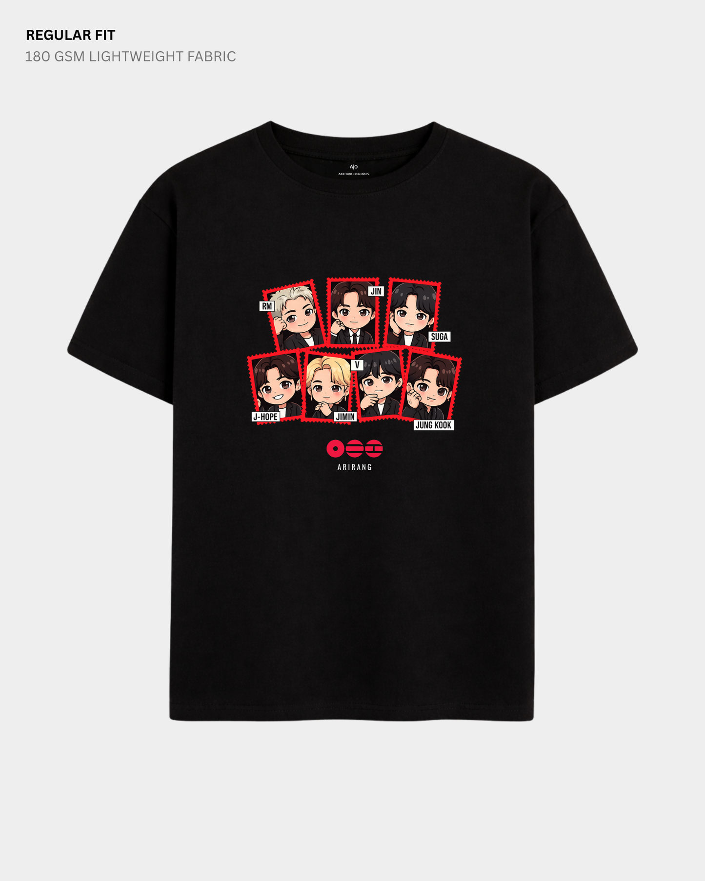 Chibi Arirang BTS Member Regular Fit T-Shirt | Antherr Core Black Cotton 180 GSM