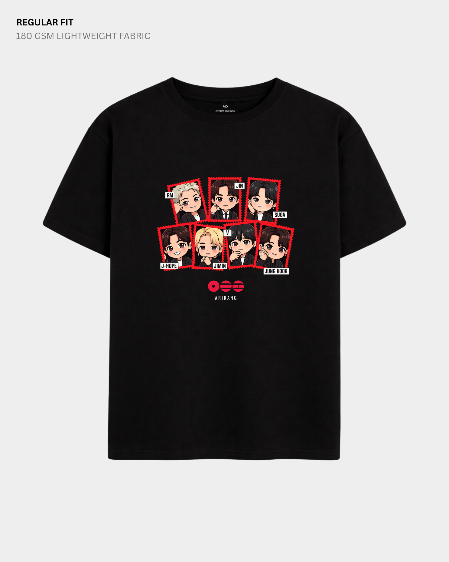 Chibi Arirang BTS Member Regular Fit T-Shirt | Antherr Core Black Cotton 180 GSM