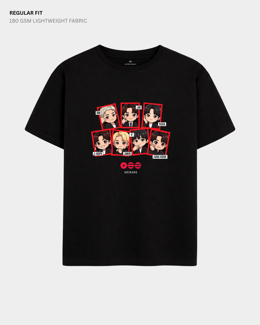 Chibi Arirang BTS Member Regular Fit T-Shirt | Antherr Core Black Cotton 180 GSM