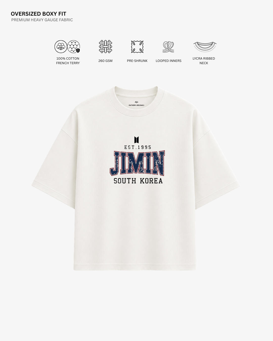 BTS Varsity Edition French Terry Oversized T-Shirt | Antherr Core Jimin (Off-White) Cotton French Terry 260 GSM