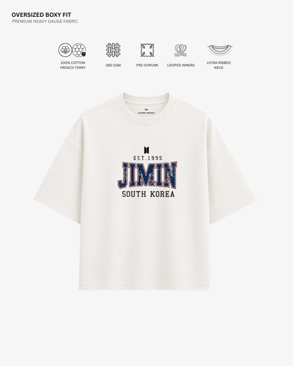 BTS Varsity Edition French Terry Oversized T-Shirt | Antherr Core Jimin (Off-White) Cotton French Terry 260 GSM