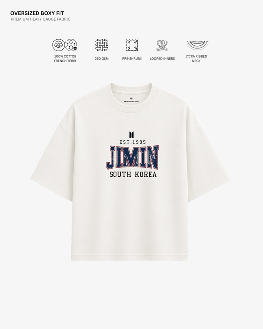 BTS Varsity Edition French Terry Oversized T-Shirt | Antherr Core Jimin (Off-White) Cotton French Terry 260 GSM