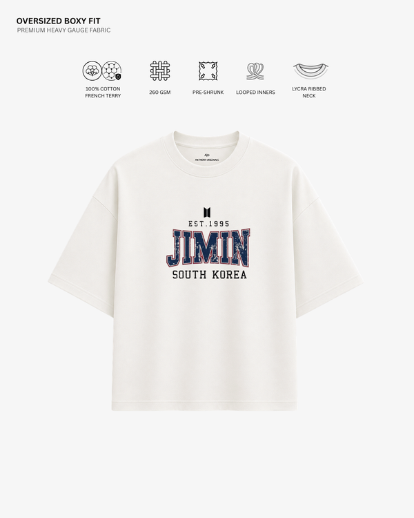 BTS Varsity Edition French Terry Oversized T-Shirt | Antherr Core Jimin (Off-White) Cotton French Terry 260 GSM