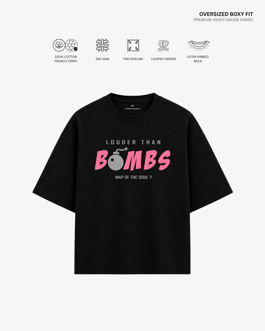 Louder Than Bombs French Terry Oversized T-Shirt | Antherr Core Black Cotton French Terry 260 GSM