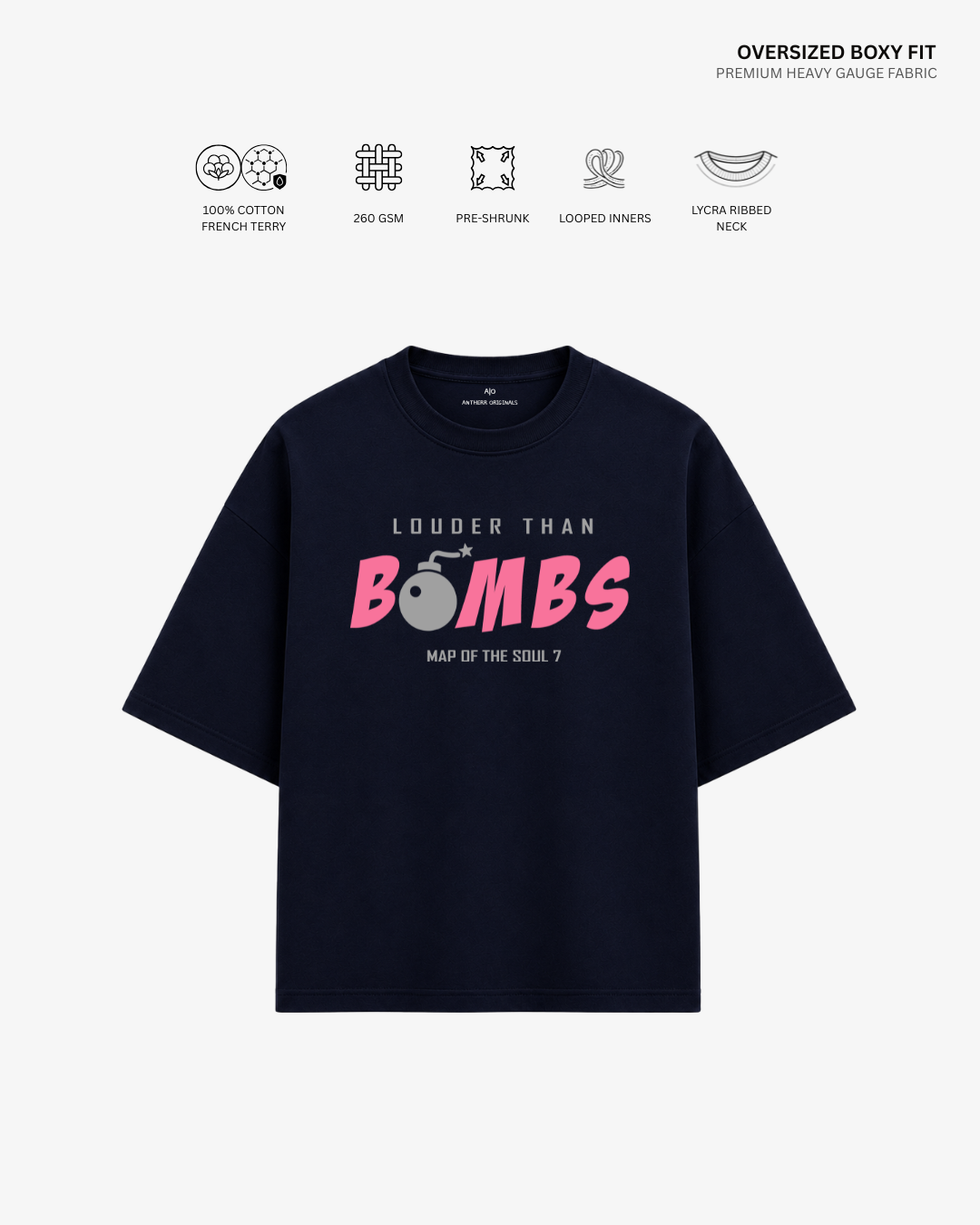 Louder Than Bombs French Terry Oversized T-Shirt | Antherr Core Navy Blue Cotton French Terry 260 GSM