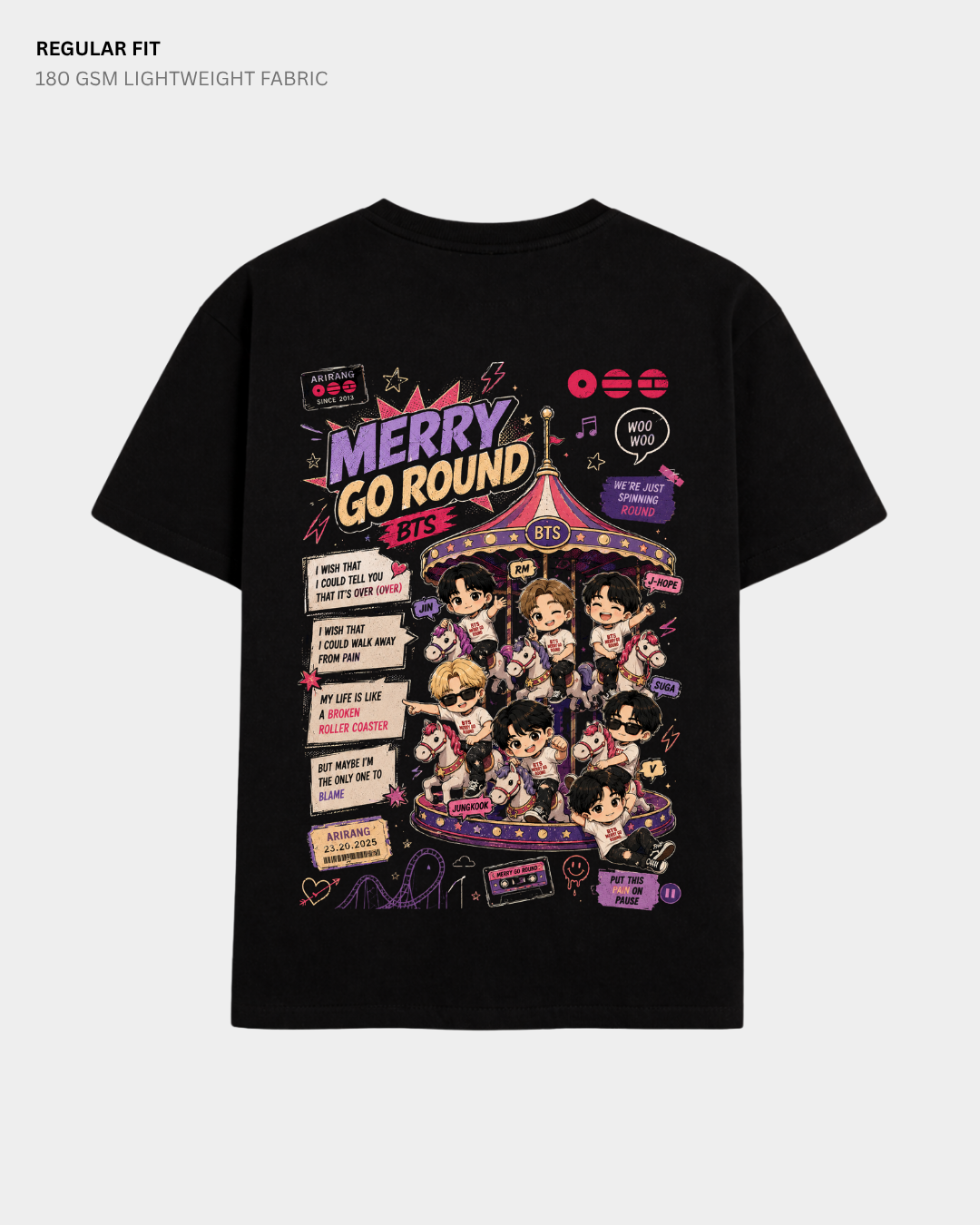 Chibi Merry Go Round Arirang BTS Regular Fit T-Shirt | Antherr Core Black Cotton 180 GSM
