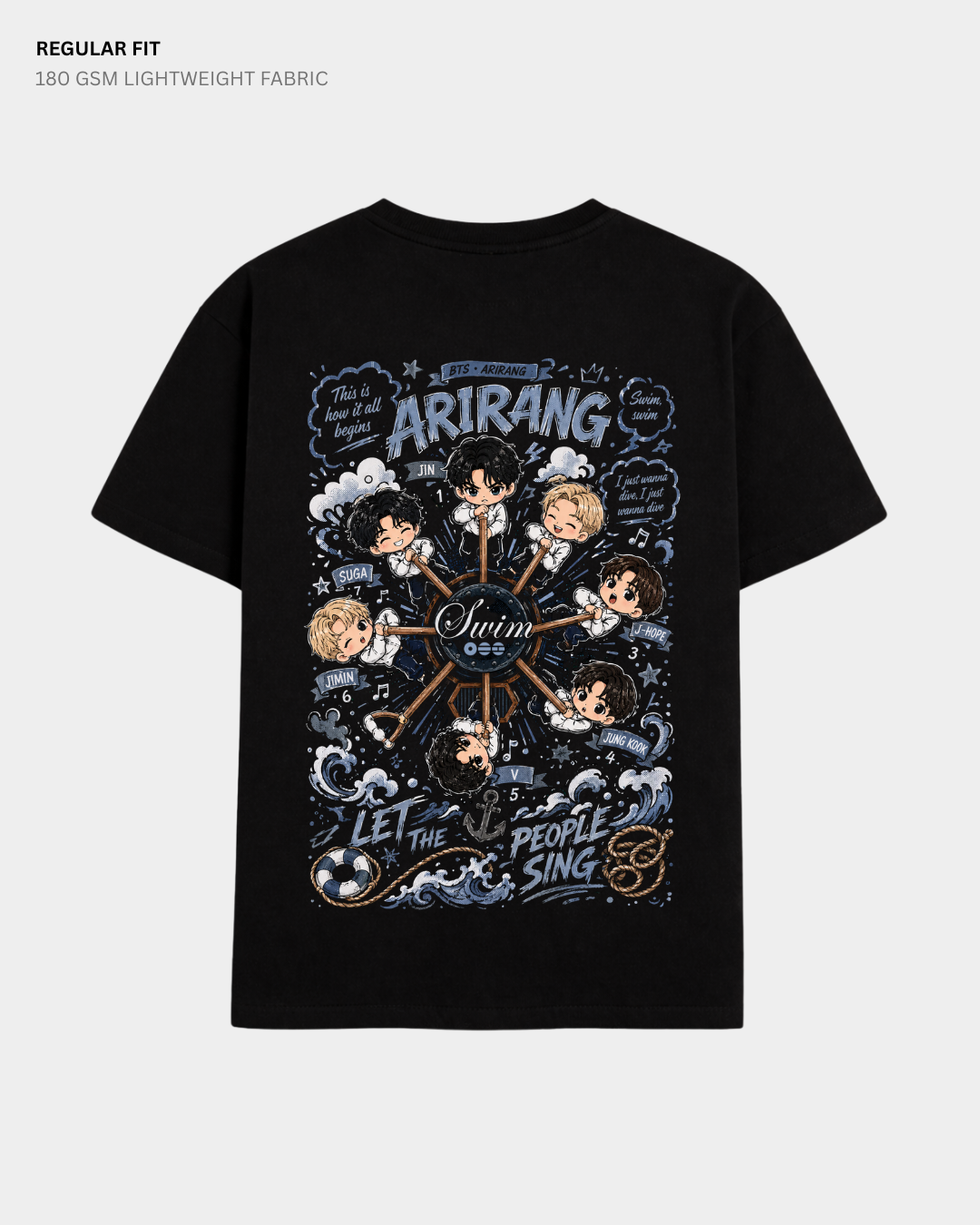 Chibi BTS Swim Arirang Regular Fit T-Shirt | Antherr Core Black Cotton 180 GSM