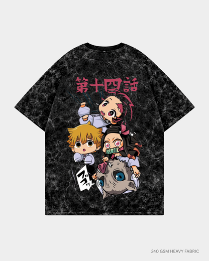 Chibi Demons: Kimetsu no Yaiba Unisex Oversized T-Shirts | Antherr Core Acid Wash Black Cotton 240 GSM