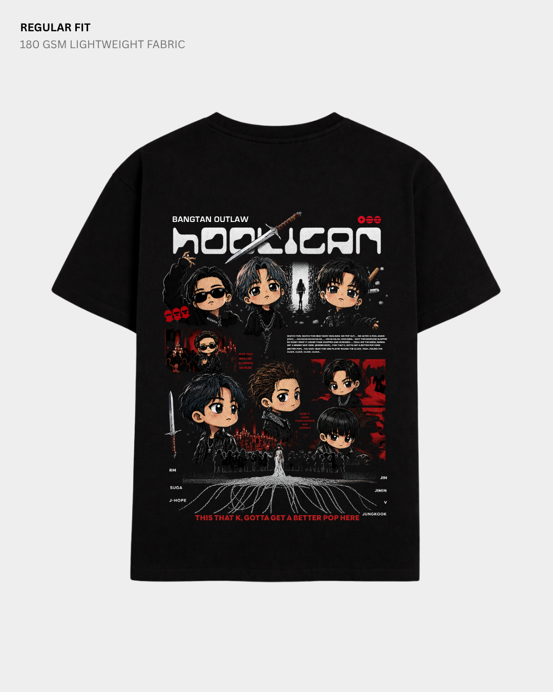 Chibi Hooligan Arirang BTS Regular Fit T-Shirt | Antherr Core Black Cotton 180 GSM